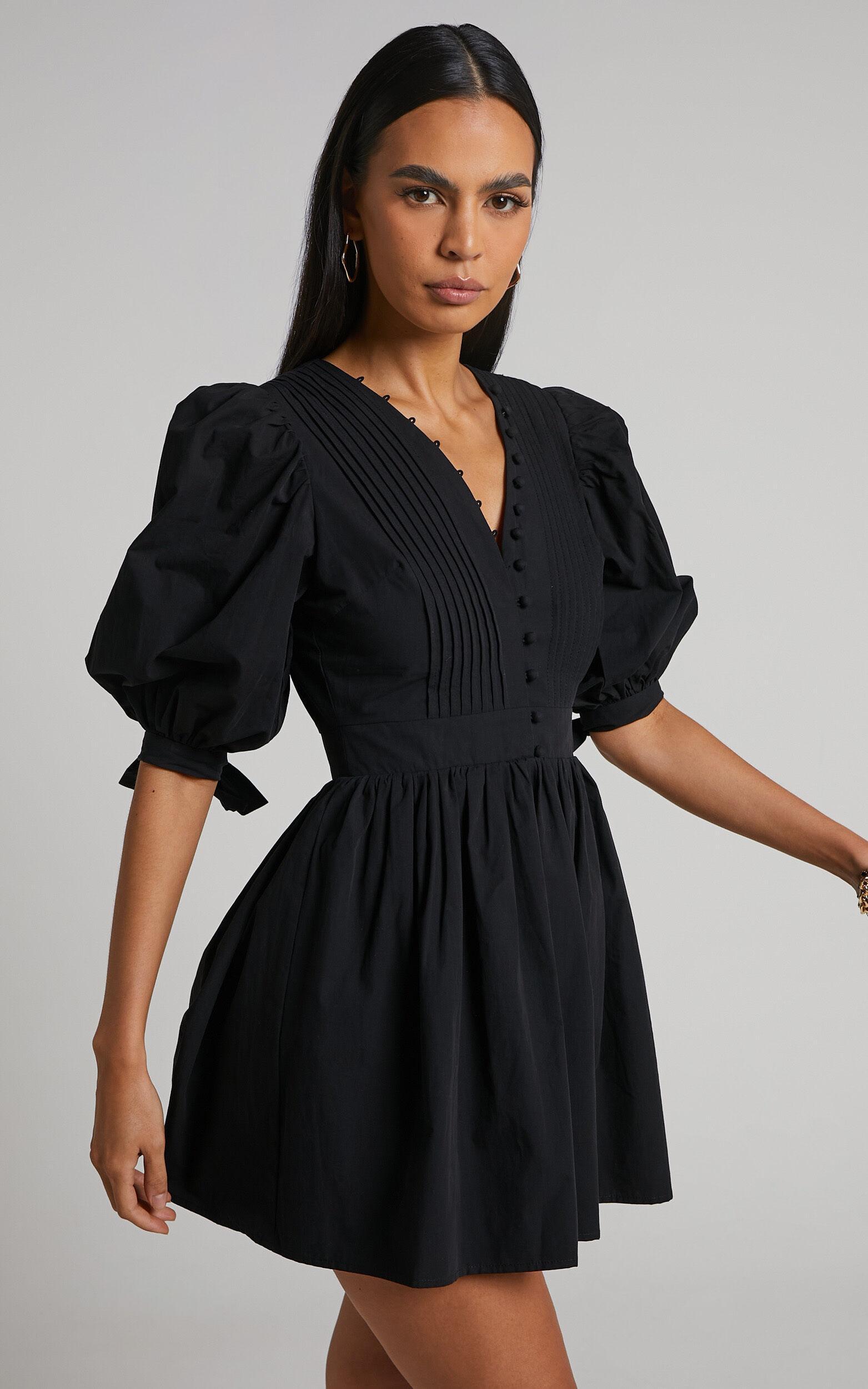 Zandra Mini Dress - Puff Sleeve Poplin Dress in Black Product Image