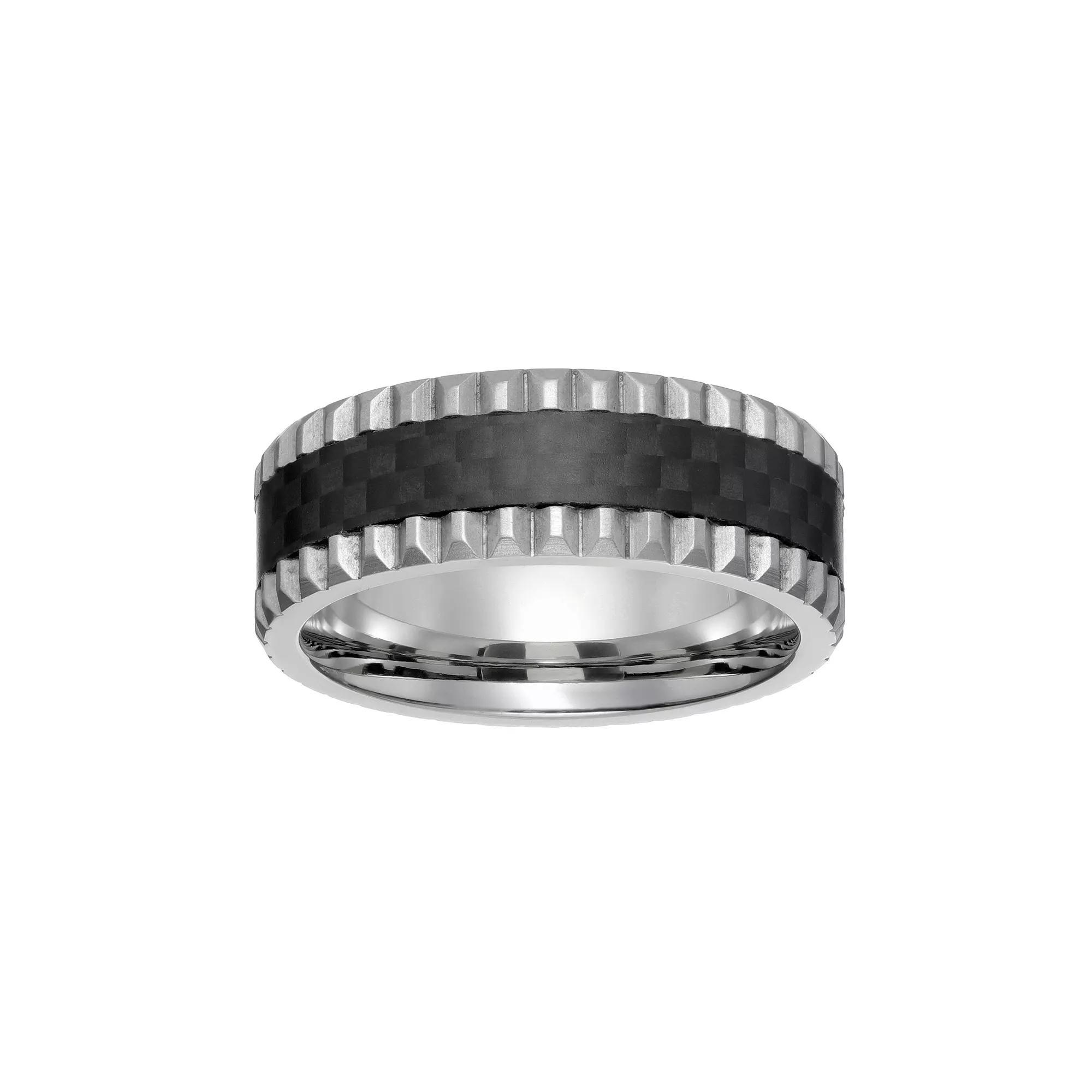 LYNX Mens Grooved Stainless Steel & Carbon Fiber Ring Grey Product Image