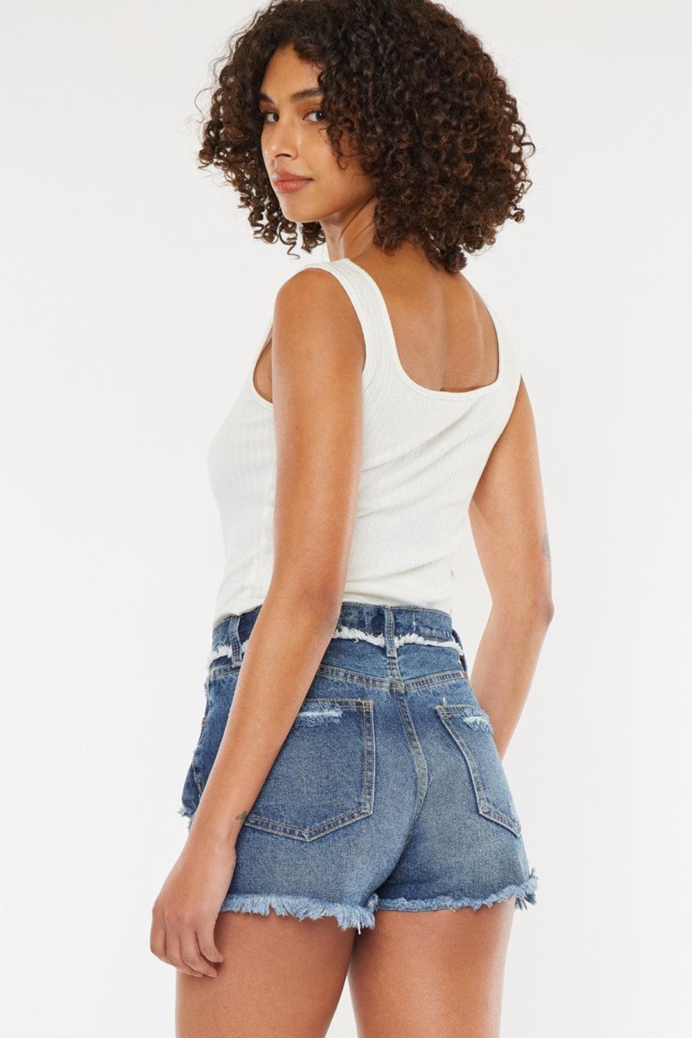 Kancan Dark Wash Distressed Button Fly Denim Shorts Product Image