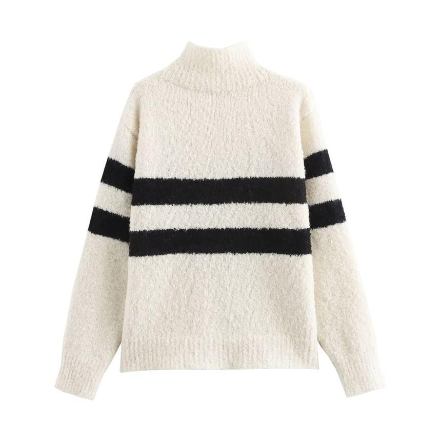 Stand Collar Striped Button-Up Cardigan Product Image