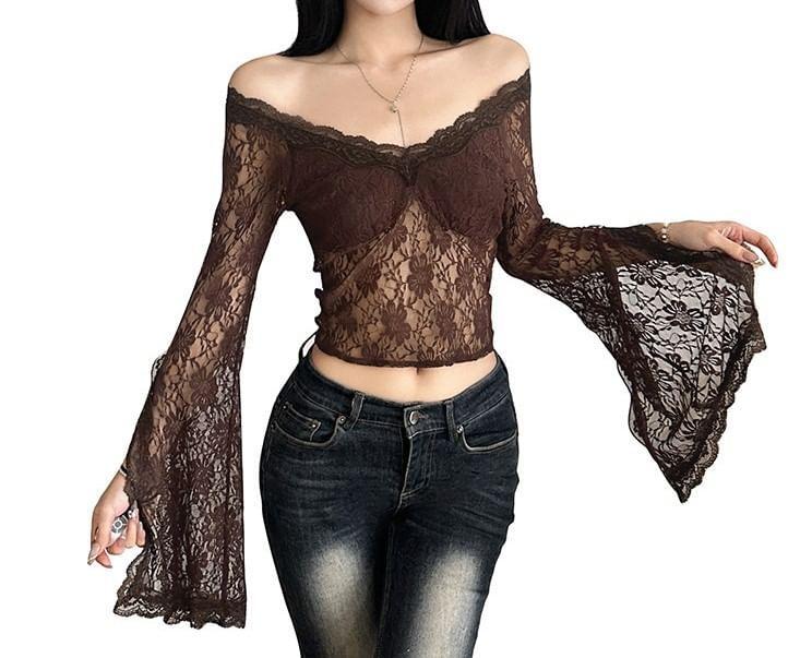 Flare-Sleeve V-Neck Lace Crop Top Product Image