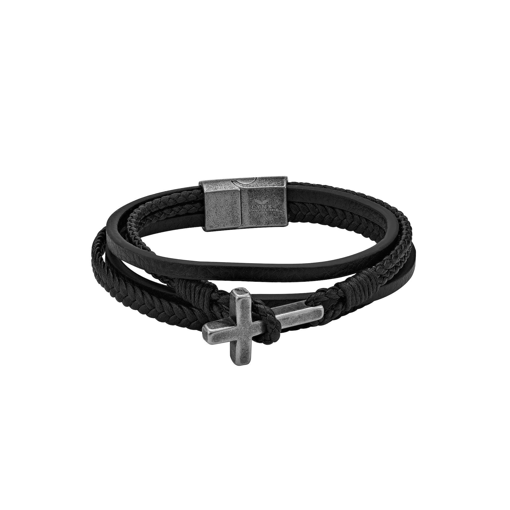 LYNX Men's Antiqued Stainless Steel Multistrand Black Leather Bracelet, Size: 8.5" Product Image