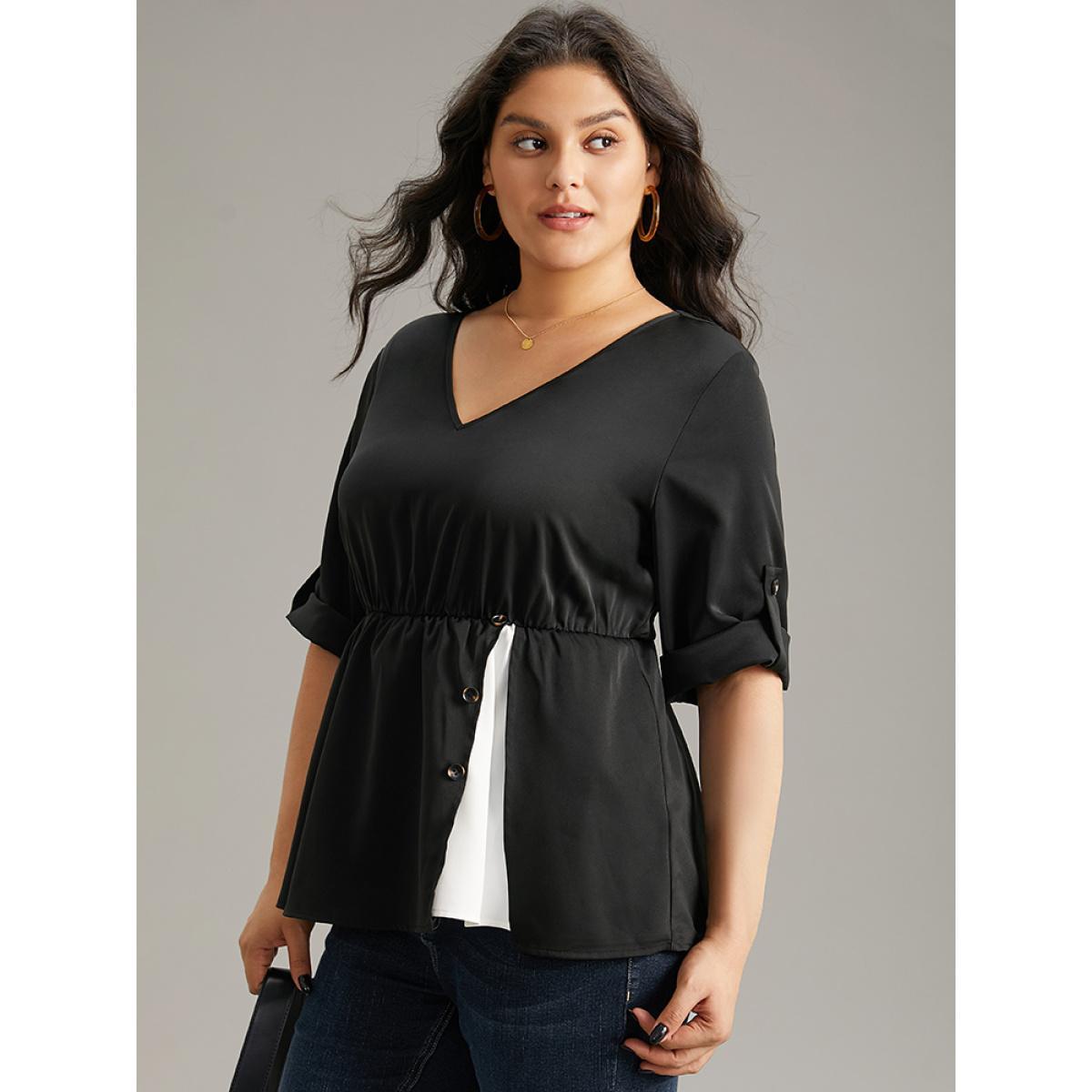 Plus Size Black Contrast Button Detail Tab Sleeve Blouse Women At the Office Elbow-length sleeve V-neck Work Blouses BloomChic 18-20/2X Product Image