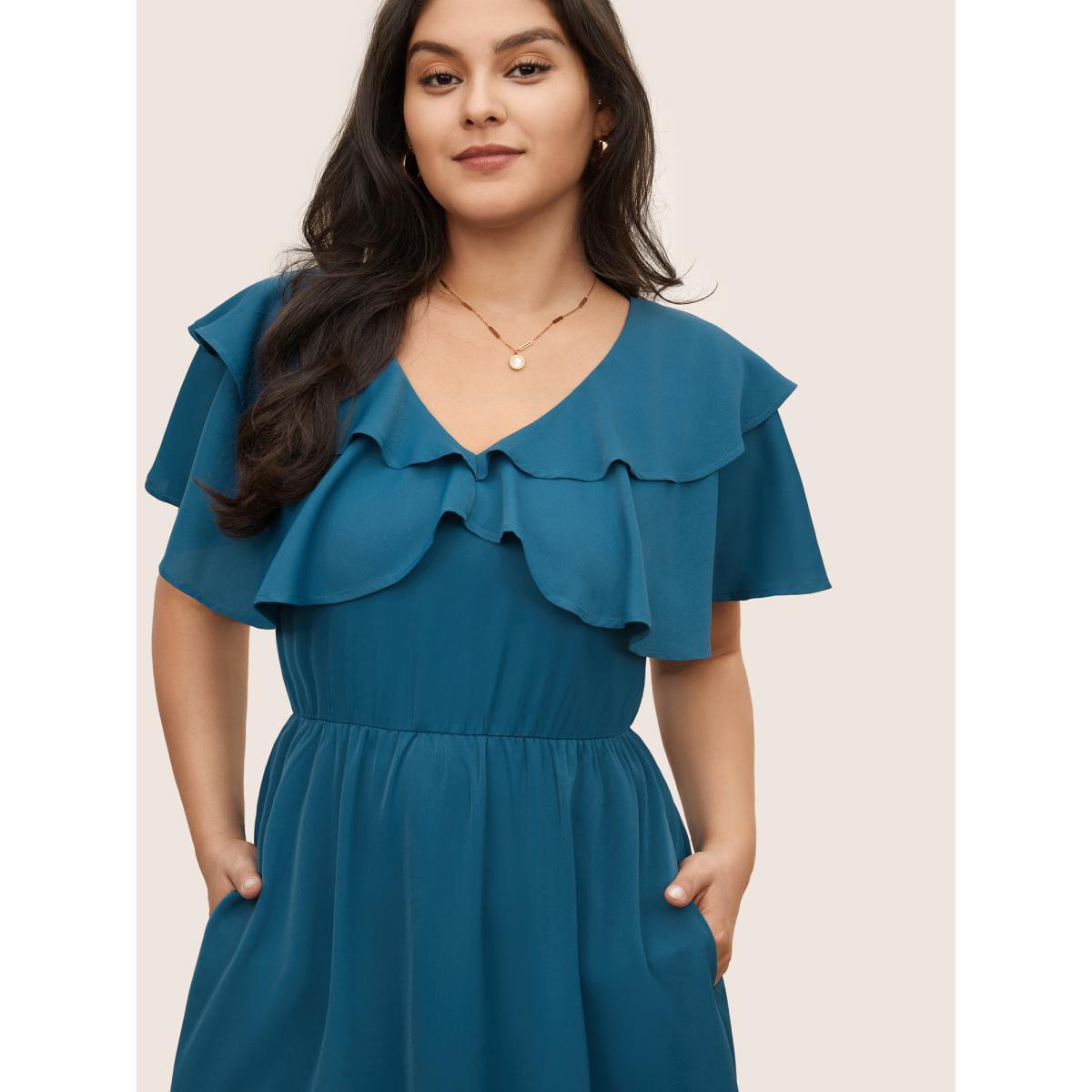 Plus Size Tiered Ruffle Cap Sleeve Asymmetrical Hem Dress Aegean Women Elegant Non V-neck Cap Sleeve Curvy Midi Dress BloomChic 12/L Product Image