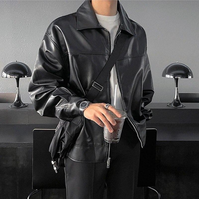 Collared Faux Leather Zip-Up Jacket Product Image