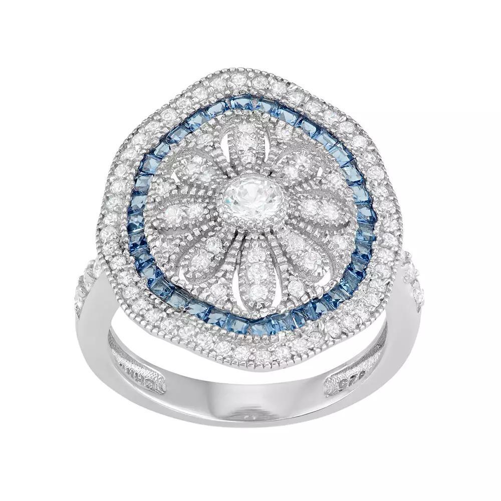 Sterling Silver Blue Glass & Cubic Zirconia Flower Ring, Women's, Size: 8 Product Image