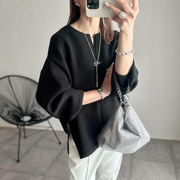Long-Sleeve Notch Neck Plain Zip Slit Tee Product Image