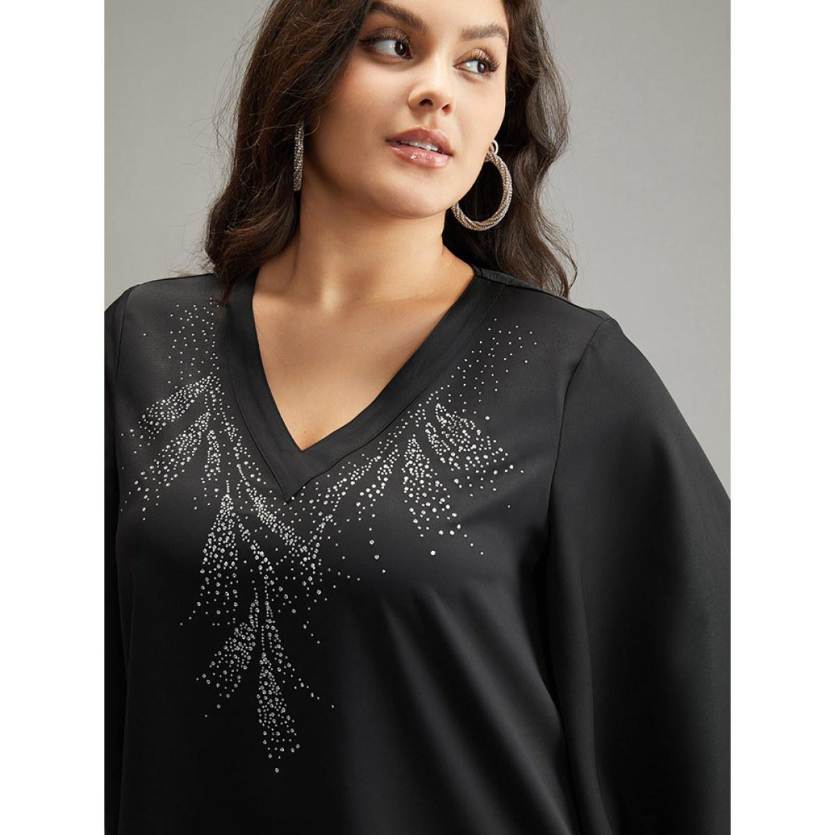 Plus Size Black Twill Rhinestone V Neck Ruffle Sleeve Blouse Women Glamour Elbow-length sleeve V-neck Going out Blouses BloomChic 14-16/1X Product Image