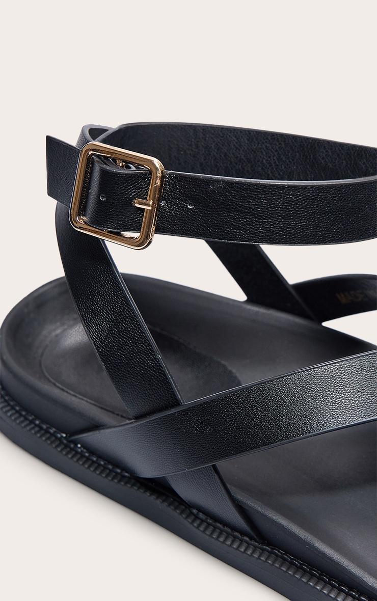 Black Pu Round Toe Ankle Strap Footbed Sandals Product Image