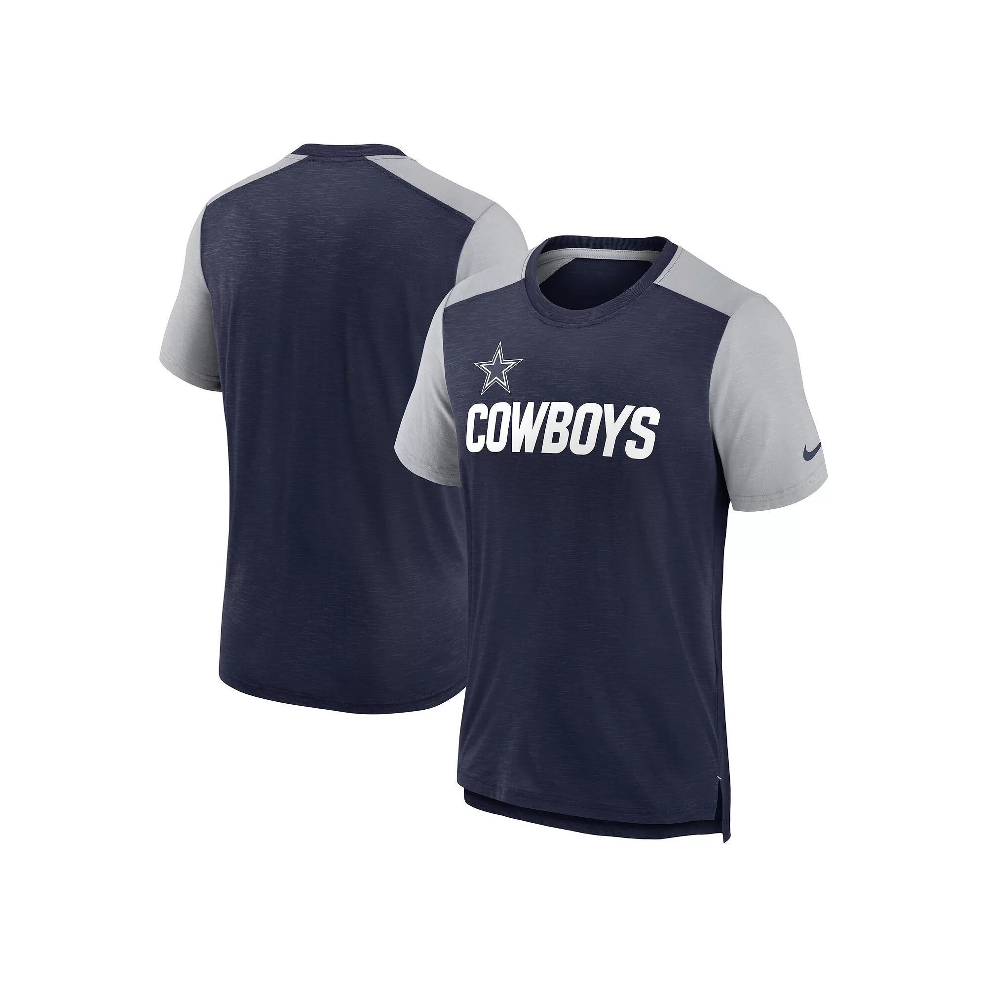 Men's Nike Heathered Navy/Heathered Gray Dallas Cowboys Color Block Team Name T-Shirt, Size: Small, Blue Product Image