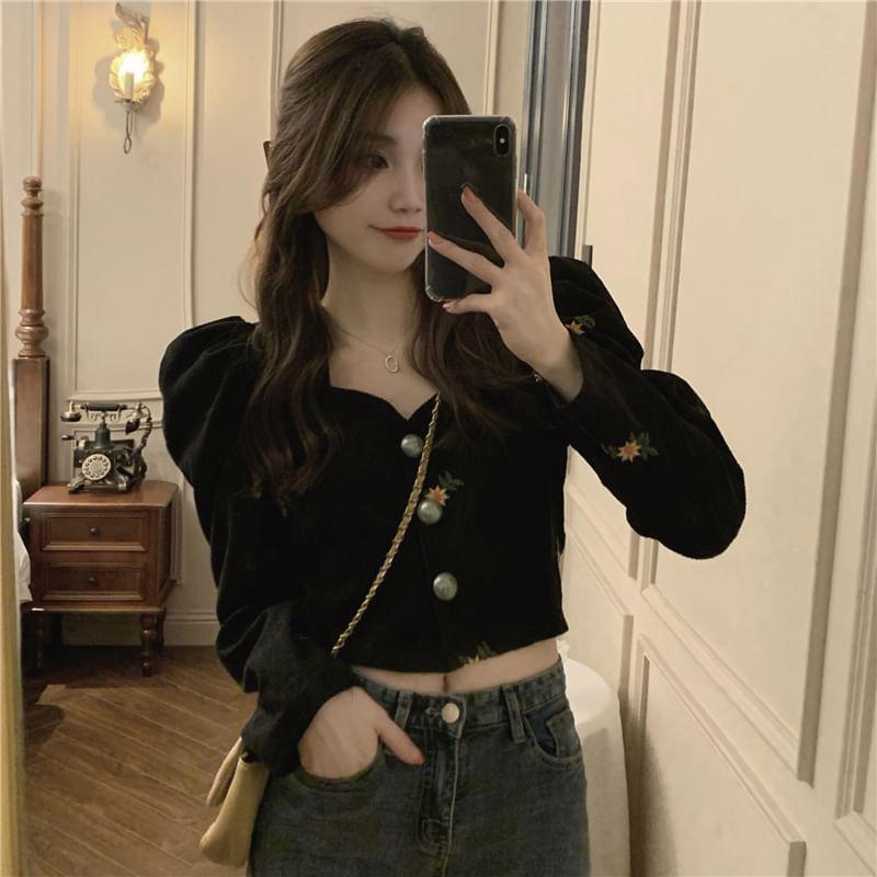 Long-Sleeve V-Neck Floral Embroidered Corduroy Button-Up Crop Blouse Product Image