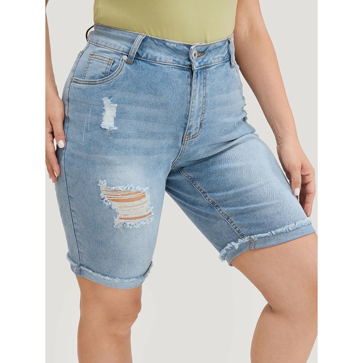 Plus Size Moderately Stretchy High Rise Light Wash Distressed Denim Shorts Women LightBlue Casual Plain Medium stretch Pocket Jeans BloomChic 16/1X Product Image
