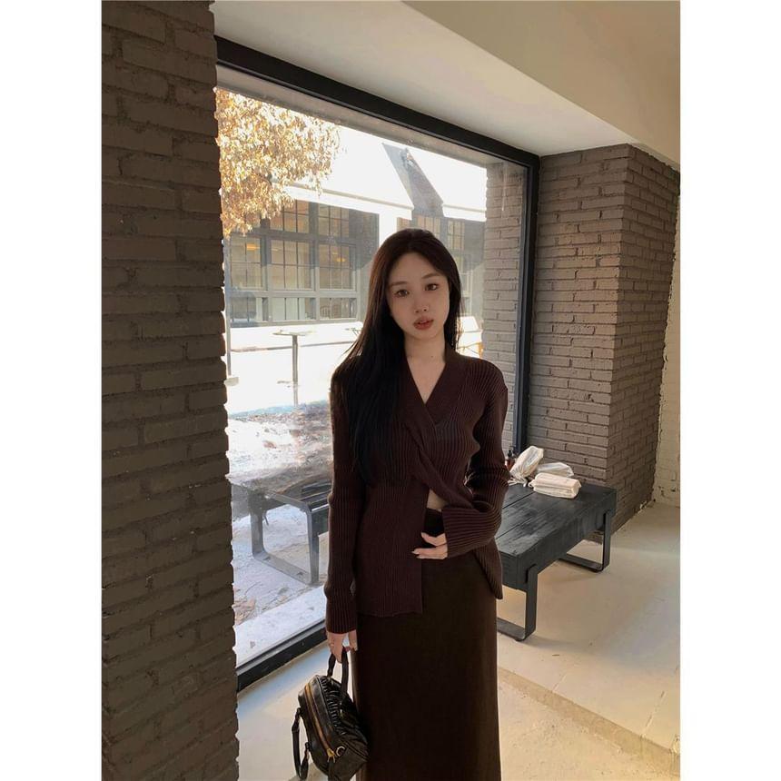 Long Sleeve V-Neck Plain Twist Ribbed Knit Top / High Waist Plain Maxi Pencil Skirt Product Image