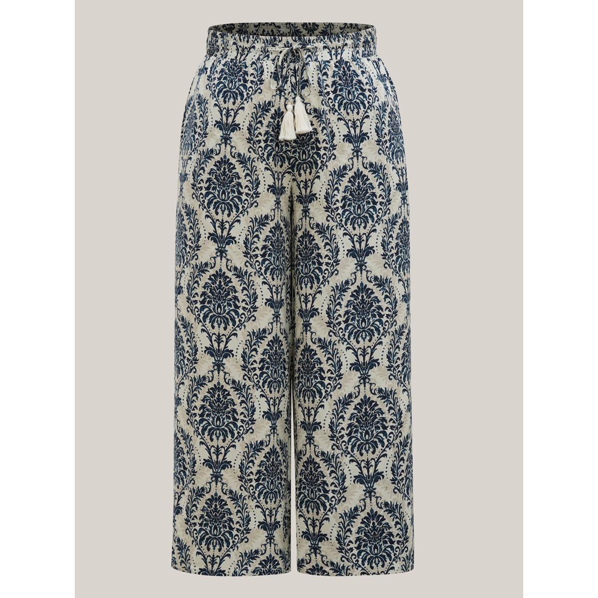 Plus Size Damask Print Tassel Straight-Leg Pants Women DarkBlue Resort Wide Leg Mid Rise Vacation Pants BloomChic 12/L Product Image
