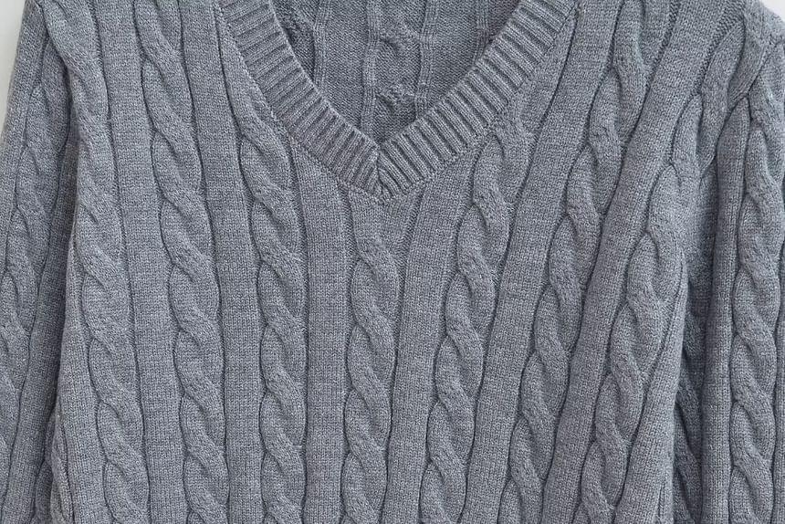 V-Neck Cable Knit Plain Crop Sweater Product Image