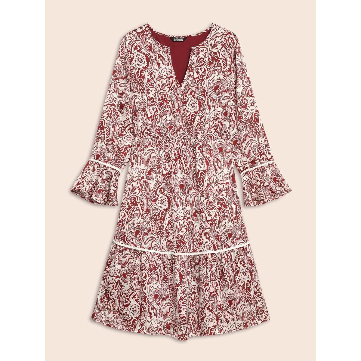 Plus Size Bandana Woven Ribbon Bell Sleeve Dress Scarlet Women Resort Woven ribbon&lace trim Notched collar Long Sleeve Curvy BloomChic 18-20/2X Product Image
