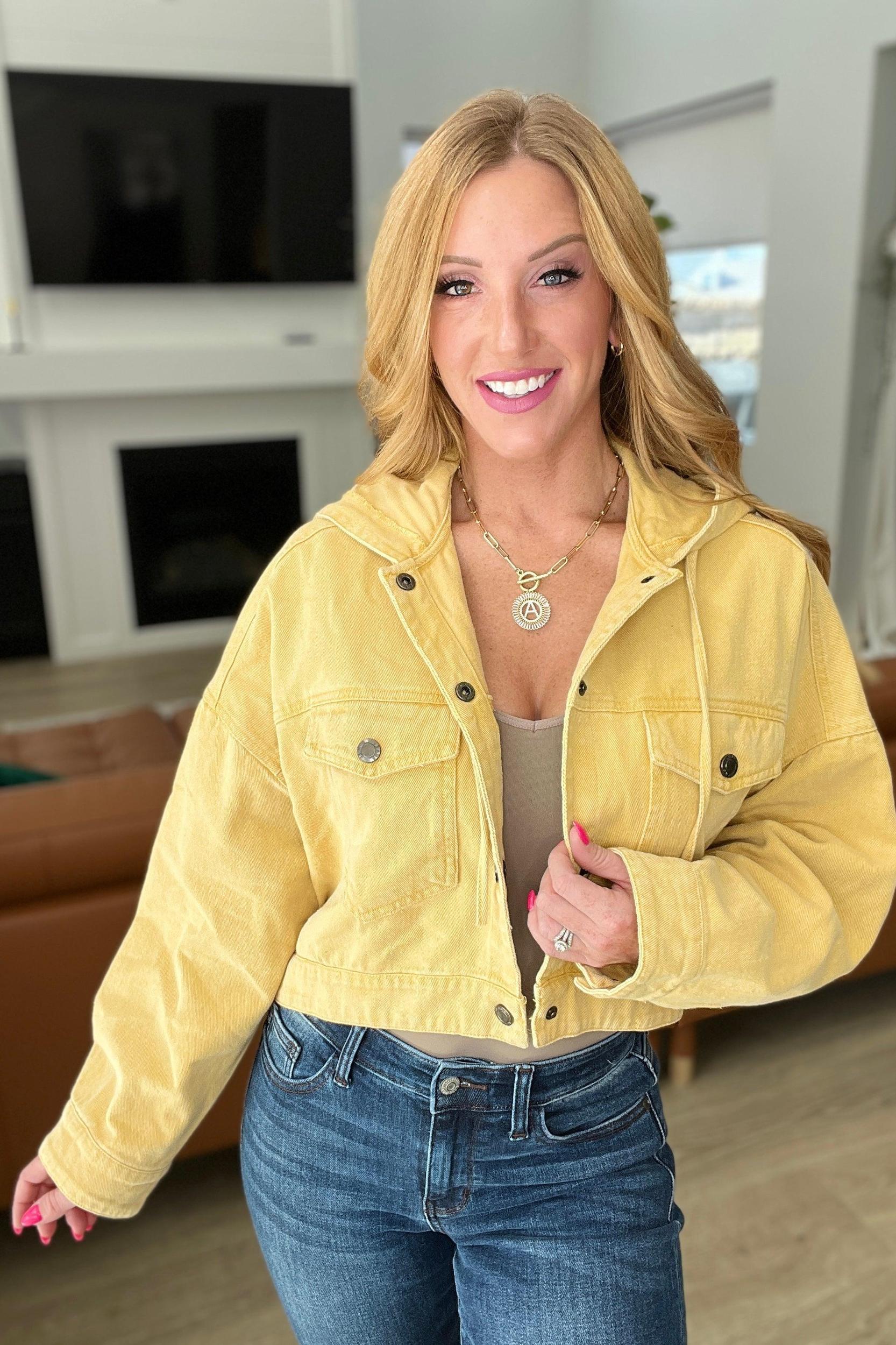 Gena Cropped Hooded Denim Jacket in Mustard - ONLINE EXCLUSIVE! Product Image
