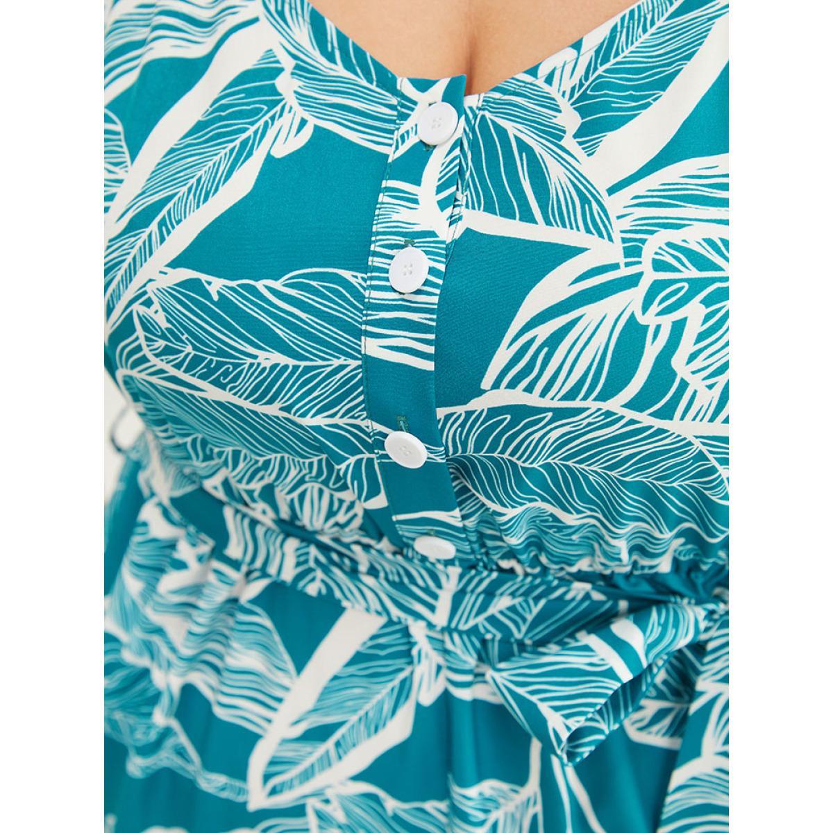 Plus Size Emerald Plant Print Button Through Pocket Belt Cami Jumpsuit Women Vacation Sleeveless Spaghetti Strap Dailywear Loose Jumpsuits BloomChic 18-20/2X Product Image