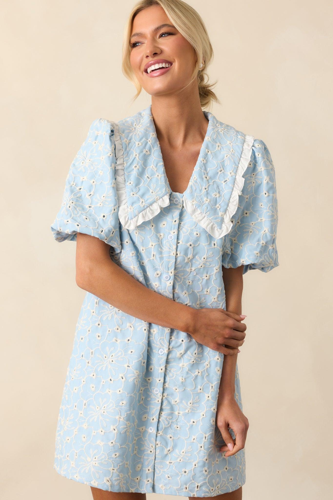 Kind Of Everything Light Blue Cotton Embroidered Eyelet Mini Dress Product Image