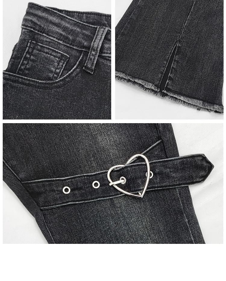 Low Rise Heart Buckled Washed Frayed Slit Flared Jeans Product Image