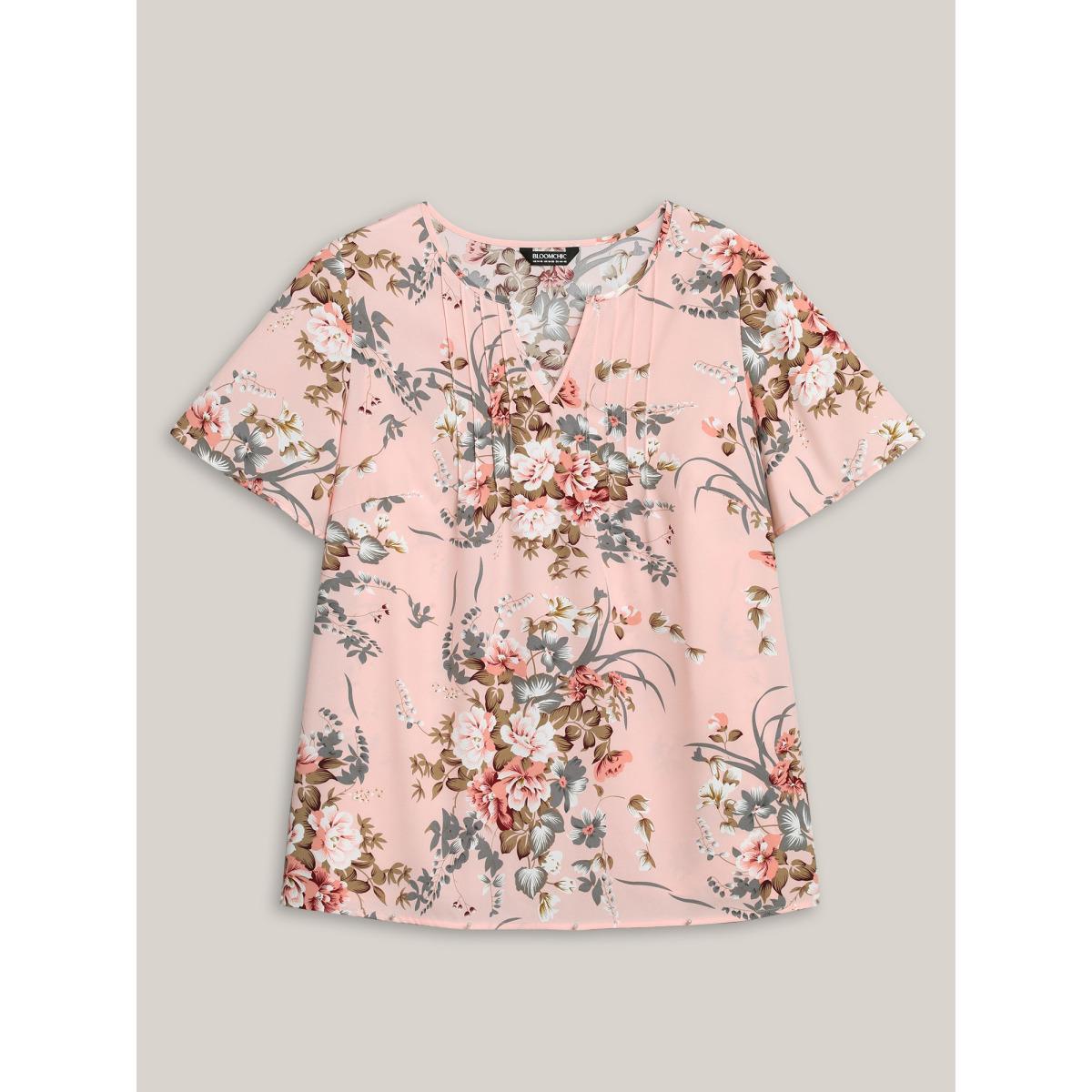 Plus Size Nudepink Spring Pattern Neck Cut-Out Pleated Shirt Women Elegant Short sleeve Notched collar Everyday Blouses BloomChic 30/6X Product Image