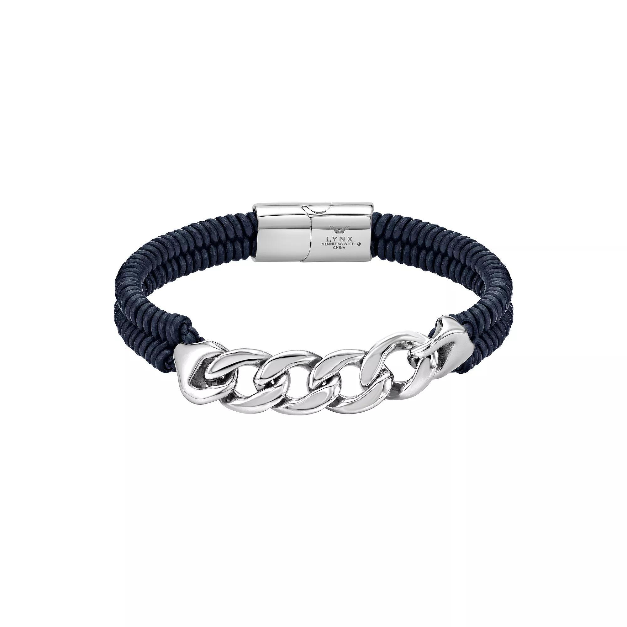 LYNX Men's Stainless Steel Curb Chain & Blue Leather Bracelet, Size: 8.5" Product Image