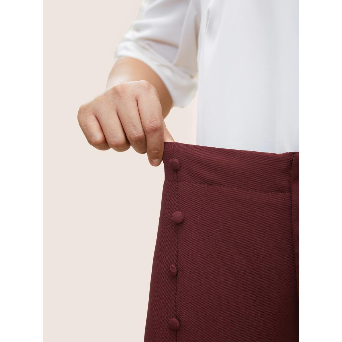 Plus Size Plain Button Detail Straight Leg Pants Women Burgundy Casual Straight Leg High Rise Everyday Pants BloomChic 10/M Product Image