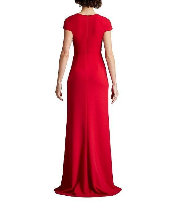 Tadashi Shoji Crepe Asymmetrical V-Neck Cap Sleeve Twist Front Front Slit Gown Product Image