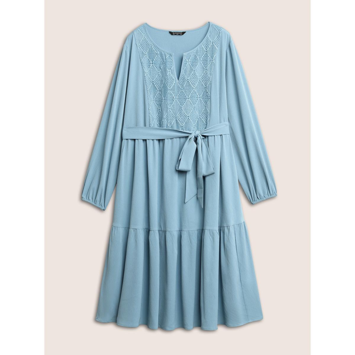Plus Size Geometric Hollow Out Notched Ruffle Layered Hem Dress LightBlue Women Elegant Broderie anglaise Round Neck Long Sleeve Curvy Midi Dress BloomChic 18-20/2X Product Image