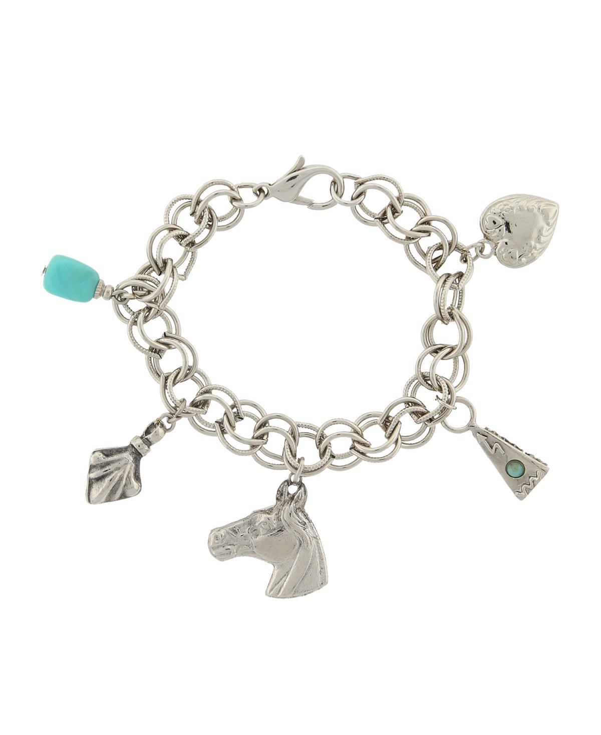 1928 Silver Tone Turquoise Color Accents & Multi-Charm Bracelet, Women's Product Image