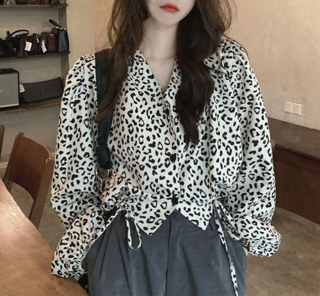 Long-Sleeve V-Neck Leopard Print Drawstring Blouse Product Image