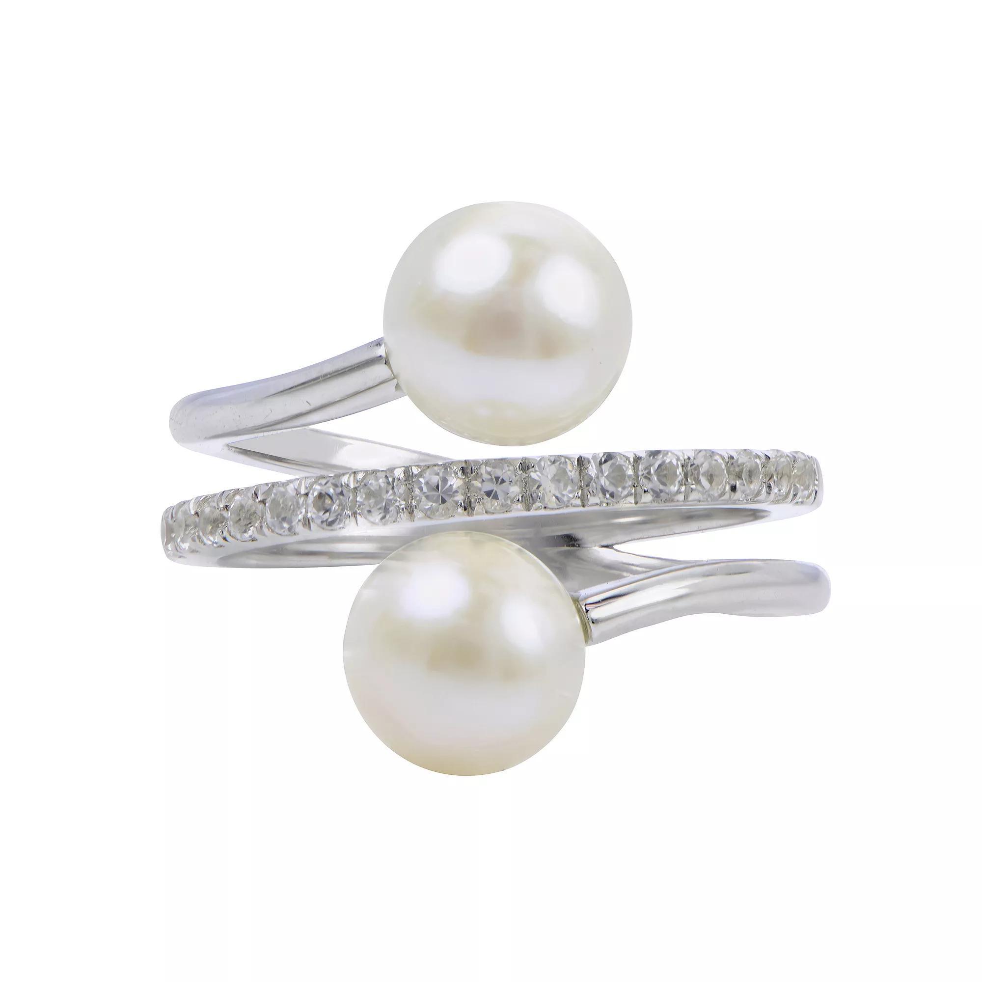 PearLustre by Imperial Sterling Silver Double Freshwater Cultured Pearl & Lab-Created White Sapphire Ring, Womens Product Image
