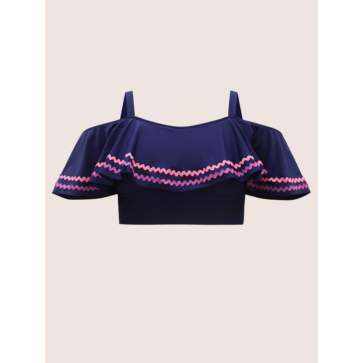 Plus Size Off Shoulder Woven Ribbon Ruffle Trim Swim Top Women's Swimwear Indigo Beach Woven ribbon&lace trim High stretch Skinny One-shoulder neck Curve Swim Tops BloomChic 18-20/2X Product Image