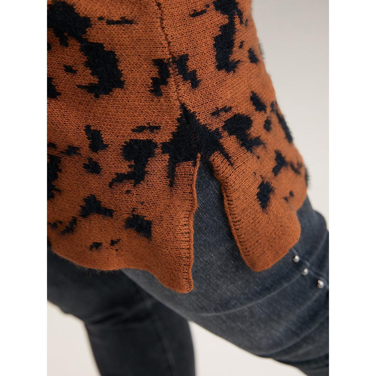 Plus Size Leopard Batwing Sleeve Split Hem Pullover Rust Women Casual Loose Long Sleeve Round Neck Dailywear Pullovers BloomChic 18-20/2X Product Image