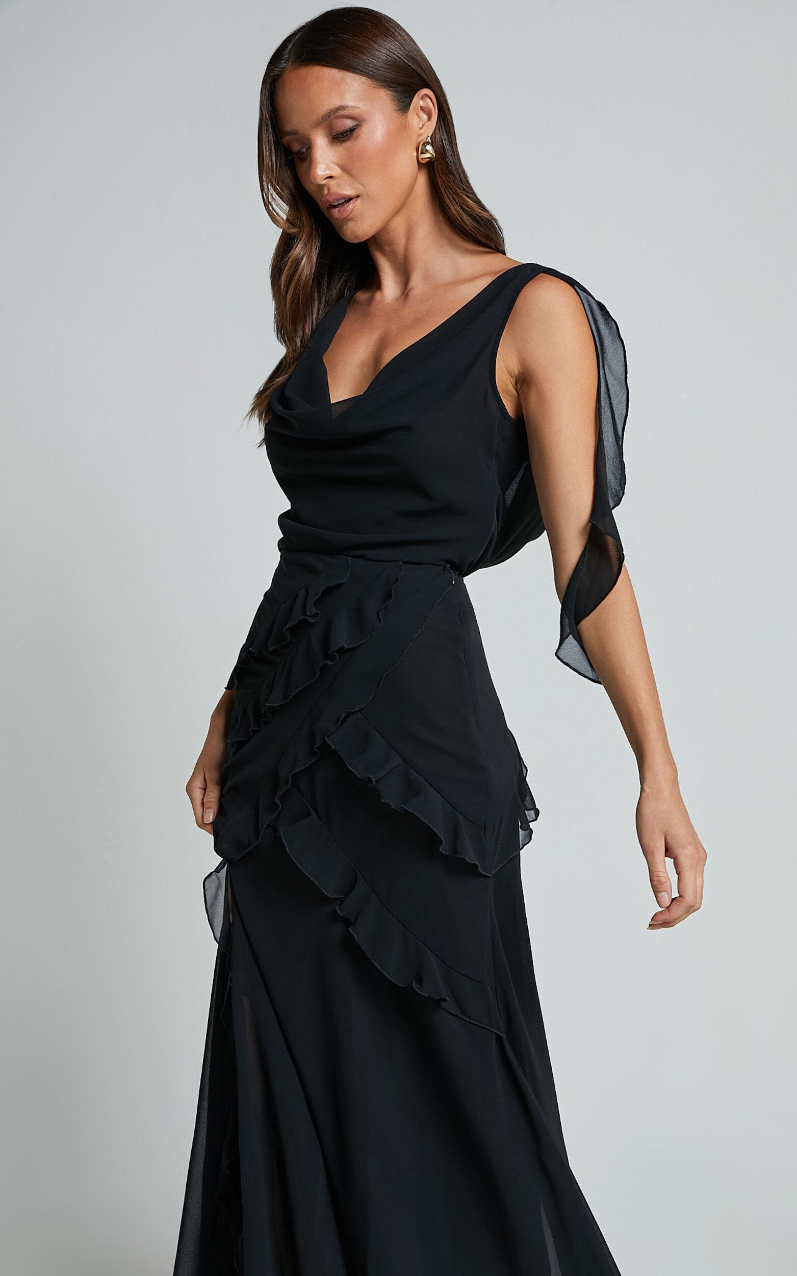 Lowen Maxi Skirt - High Waist Frill Thigh Split Skirt in Black Product Image