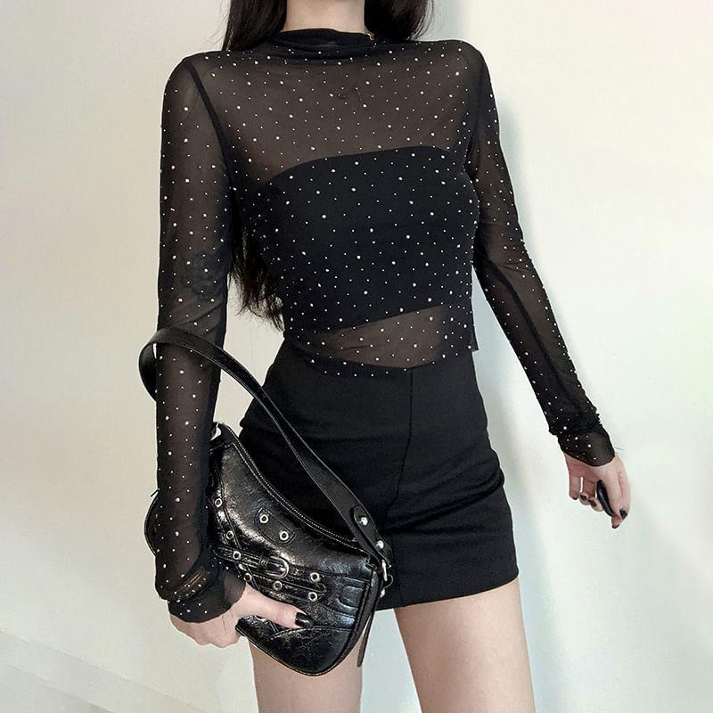 Long-Sleeve Mock Neck Rhinestone Mesh Crop Top Product Image