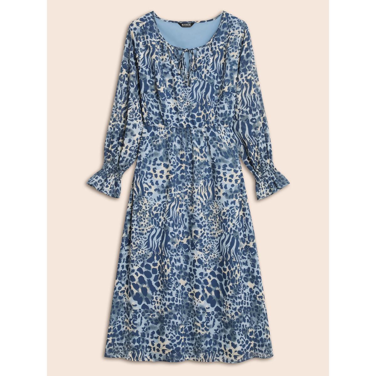 Plus Size Leopard Print Chiffon Tie Knot Dress Stone Women Elegant Tie knot V-neck Long Sleeve Curvy BloomChic 18-20/2X Product Image