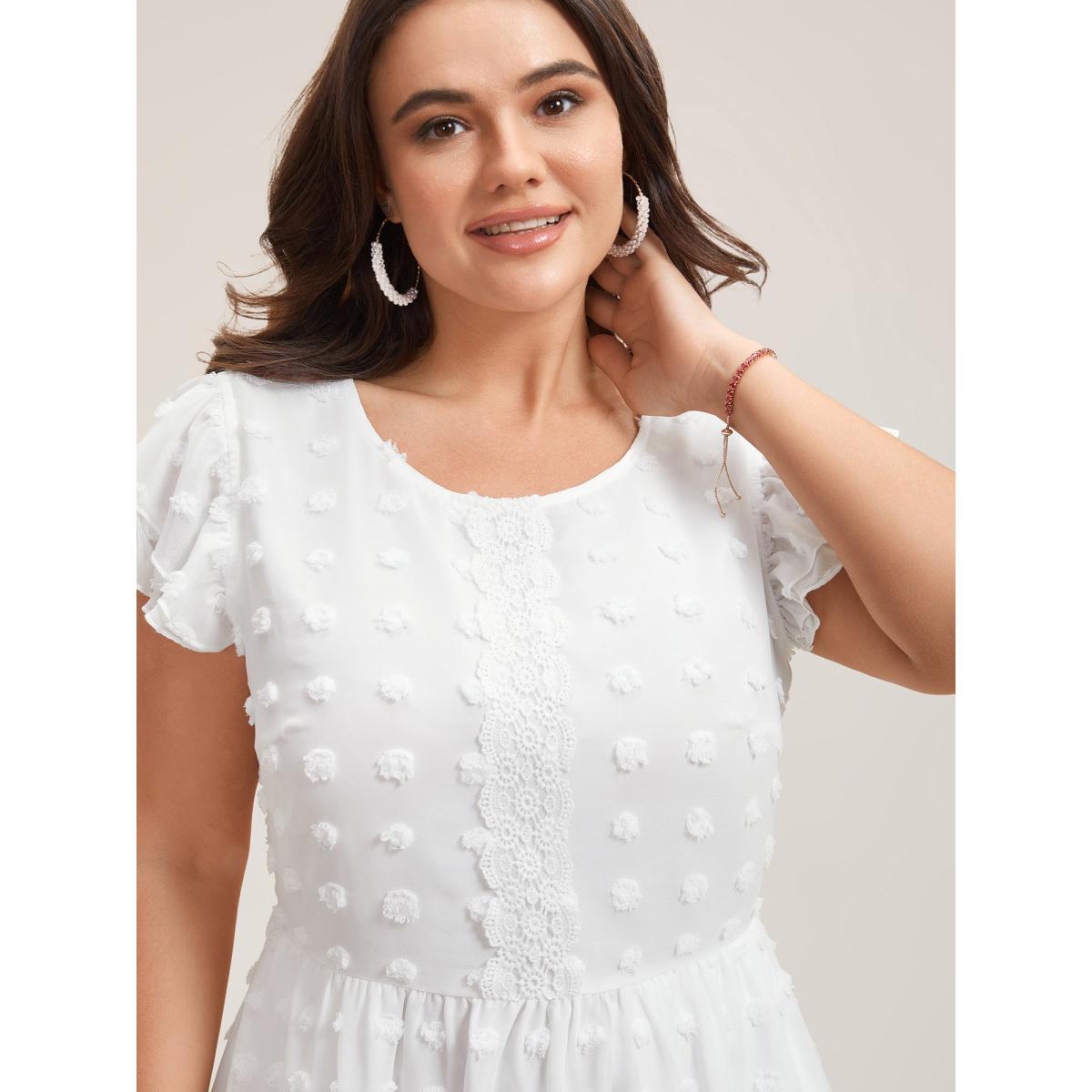 Plus Size Textured Plain Tiered Ruffles Sleeve Dress Originalwhite Women Elegant Woven ribbon&lace trim Round Neck Cap Sleeve Curvy BloomChic 30/6X Product Image