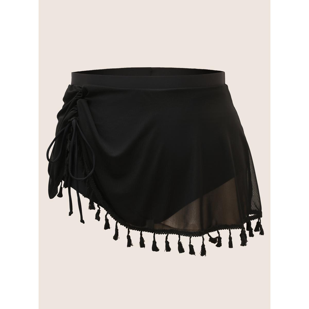 Plus Size Plain Tassel Trim Elastic Waist Swim Bottom Women's Swimwear Black Beach Gathered High stretch Bodycon High Rise Curve Swim Bottoms BloomChic 22-24/3X Product Image