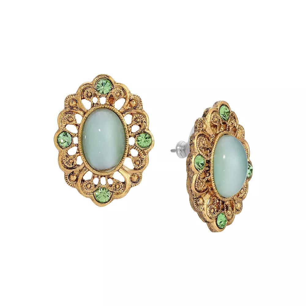 1928 Gold Tone Green Crystal Framed Oval Stud Earrings, Womens Product Image