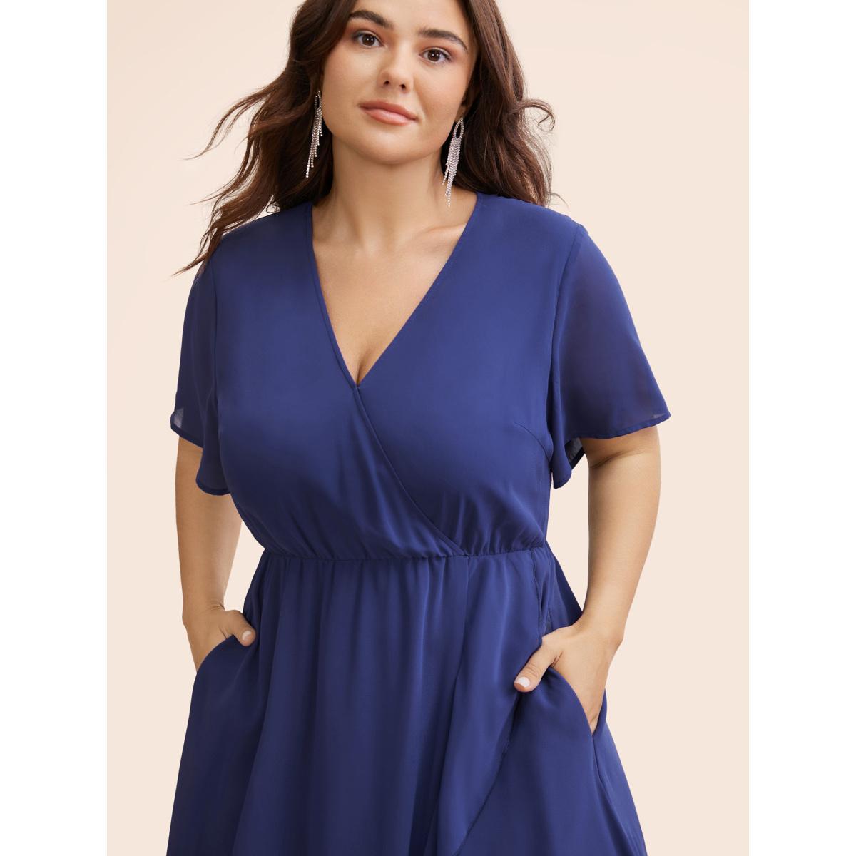 Plus Size Chiffon Overlap Collar Ruffle Sleeve Dress DarkBlue Women Formal See through Overlap Collar Short sleeve Curvy BloomChic 10/M Product Image