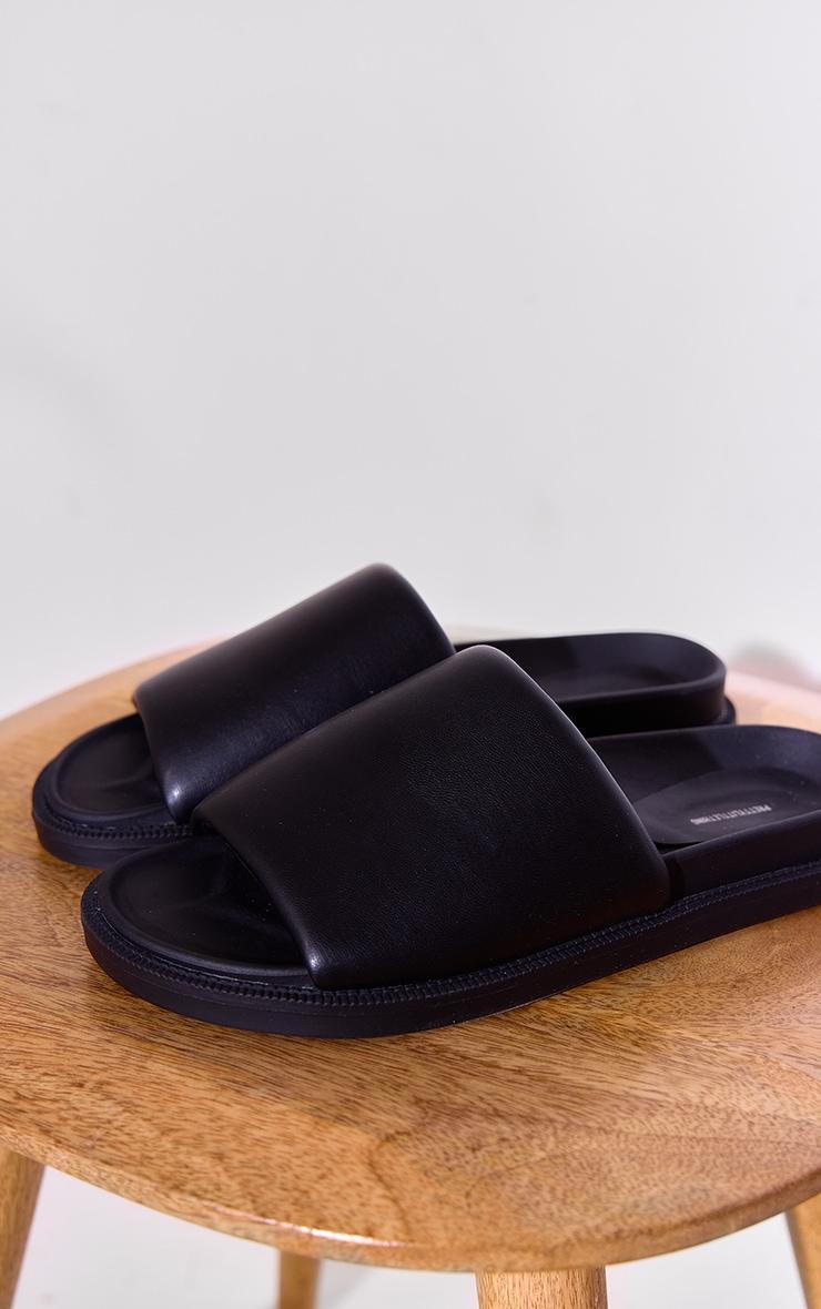 Black PU Round Toe Footbed Flat Sandals Product Image