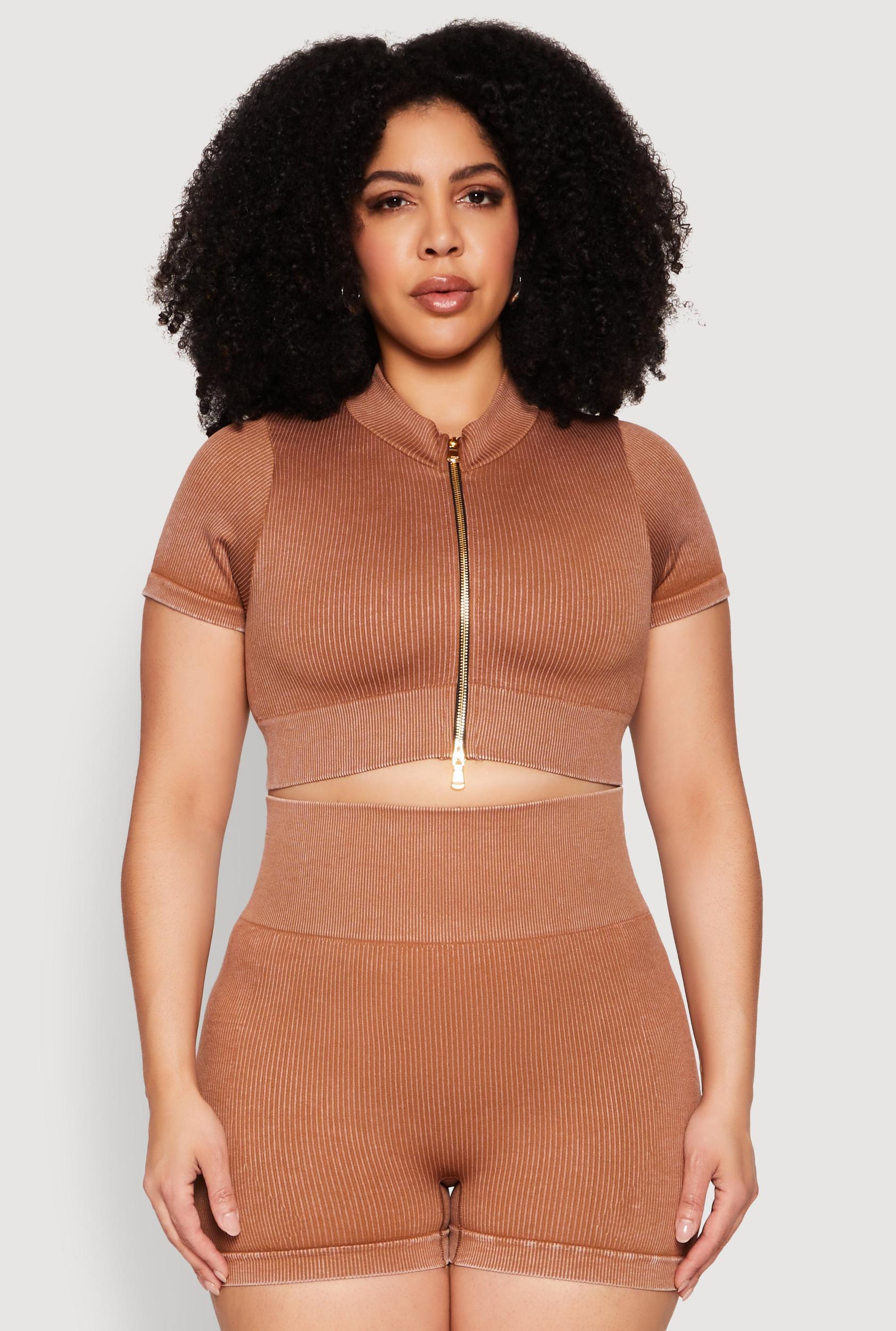 Womens Plus Size Daisy Mineral Wash Seamless Zip Front Top Product Image