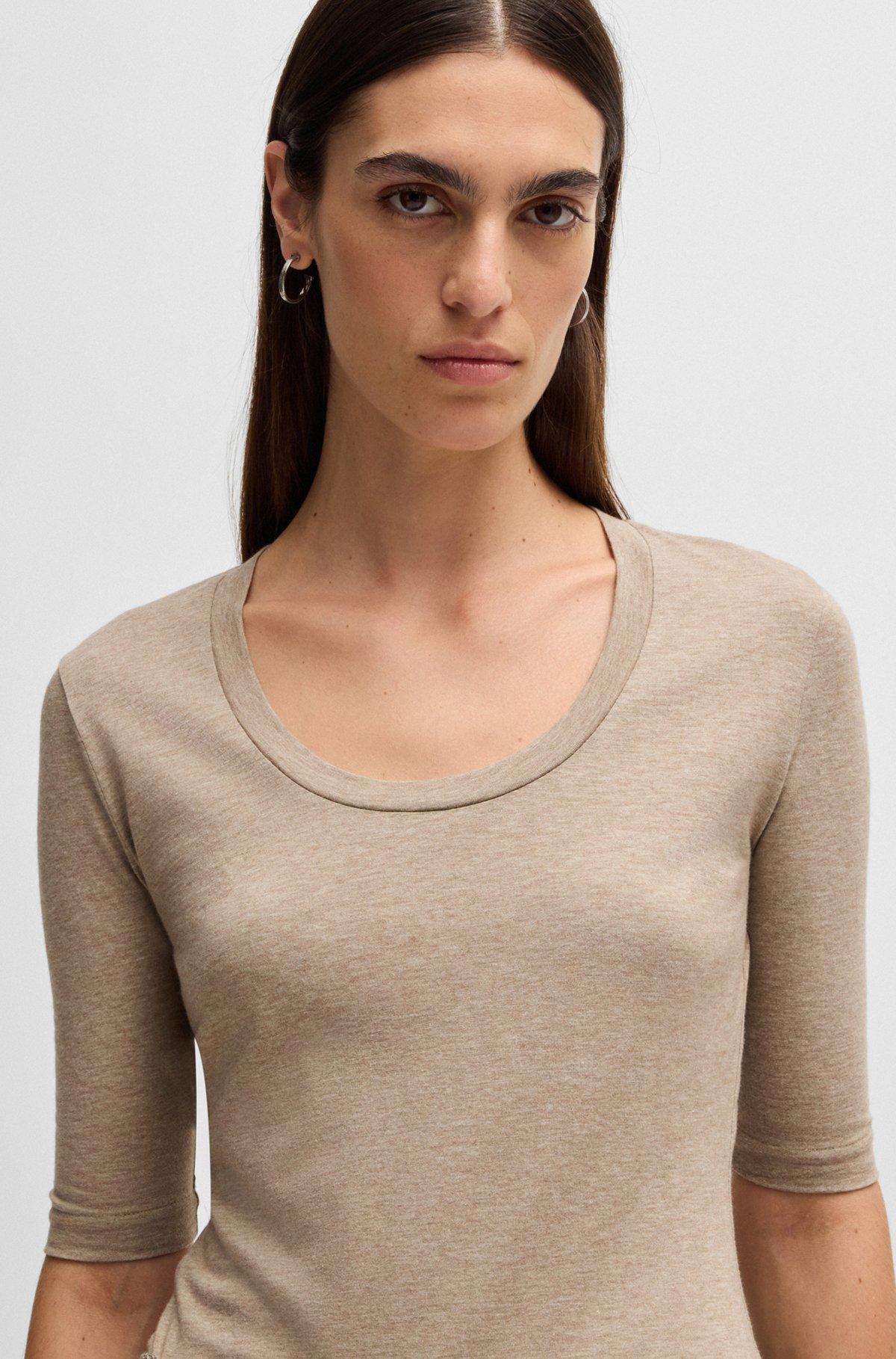 BOSS - Scoop-neck top in wool and cotton - Light Grey Product Image