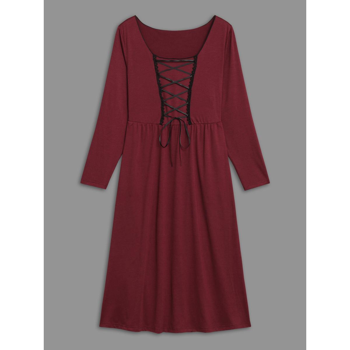 Plus Size Square Neck Lace Panel Lace Up Dress Burgundy Women Elegant Woven ribbon&lace trim Square Neck Long Sleeve Curvy BloomChic 18-20/2X Product Image
