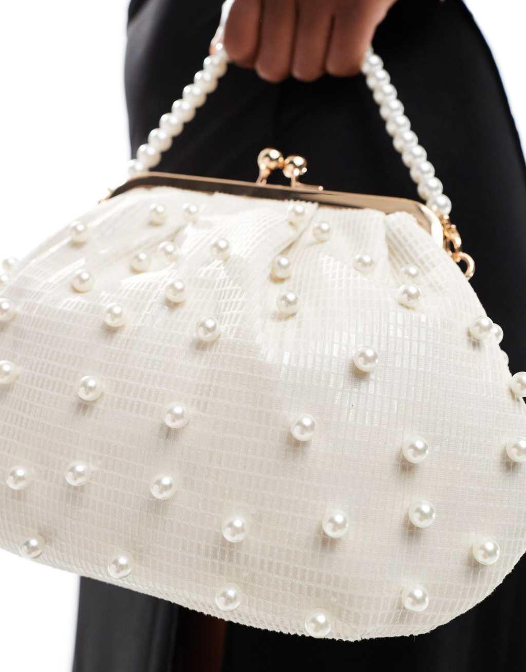 True Decadence pearl embellished bag with pearl handle in cream Product Image