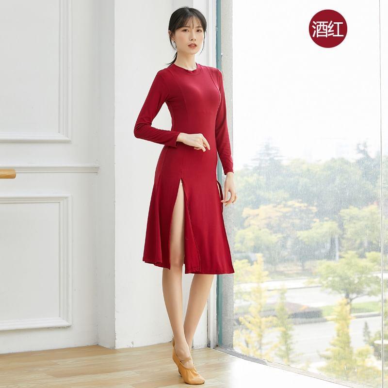 Long-Sleeve Crew Neck Plain Side-Slit Dance Dress Product Image
