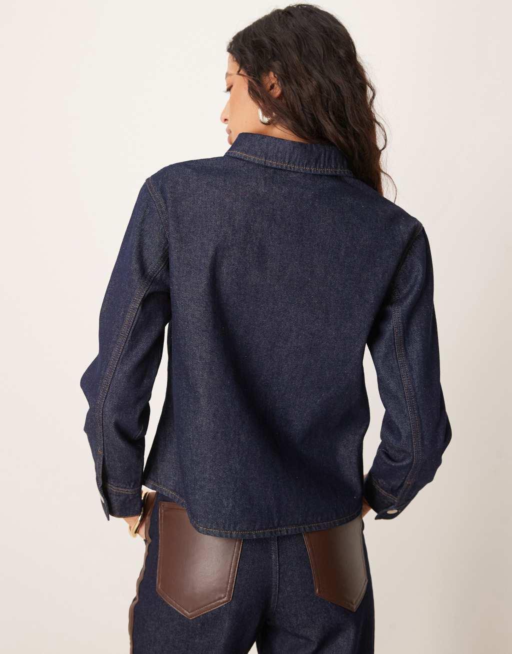 ASOS DESIGN denim oversized shirt with leopard print pocket in indigo Product Image