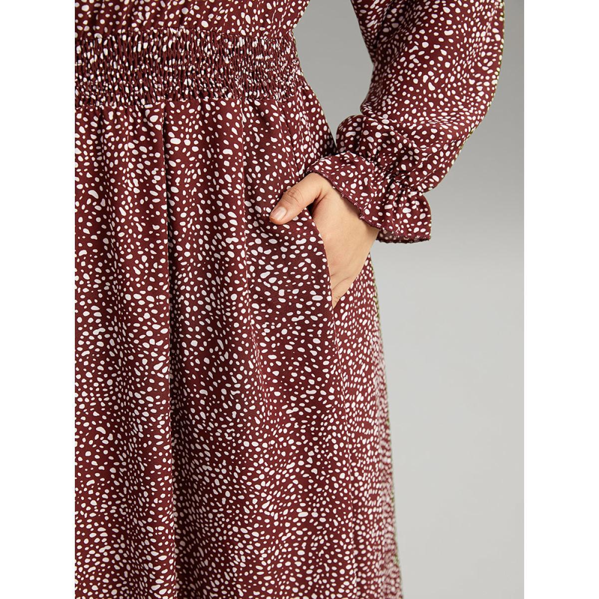 Plus Size Polka Dot Shirred Ruffles Pocket Dress Burgundy Women Casual Printed Round Neck Long Sleeve Curvy Midi Dress BloomChic 14-16/1X Product Image