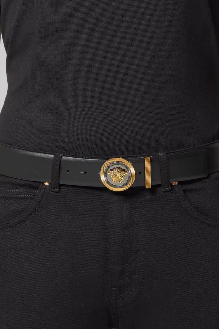 VERSACE Medusa Streamlined Leather Belt With Adjustable Length And Gold-tone Buckle In Black Product Image